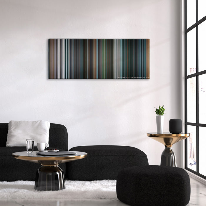 I, Robot color palette canvas above a black sofa with a gold-topped table