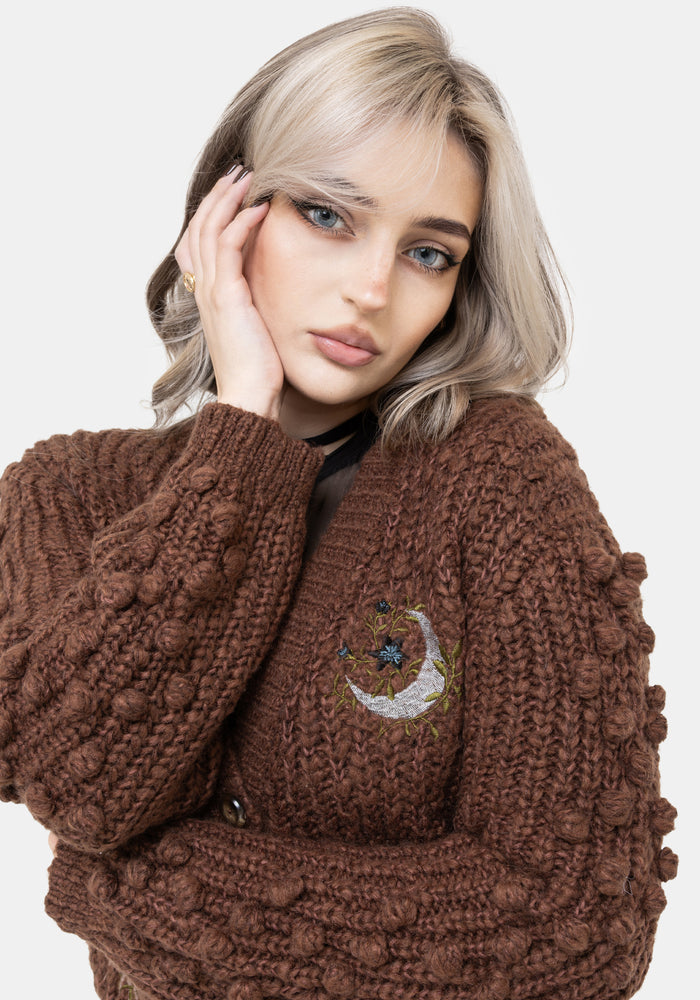 Isla Chunky Bobble Moon Embroidered Knit Cardigan