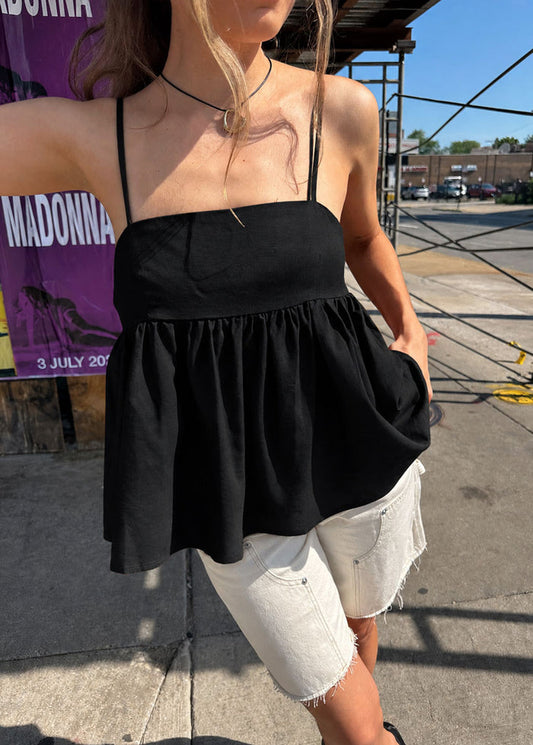 Isla Linen Tie Babydoll Top - Black