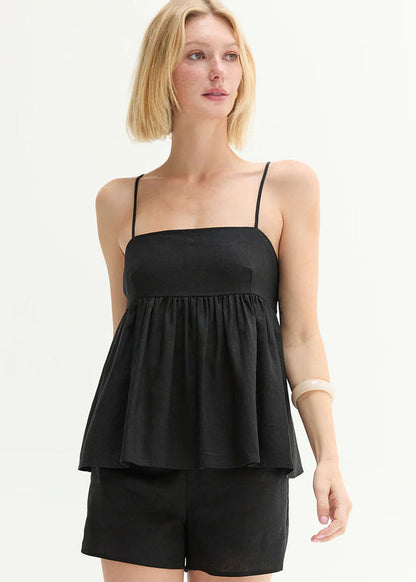 Isla Linen Tie Babydoll Top - Black