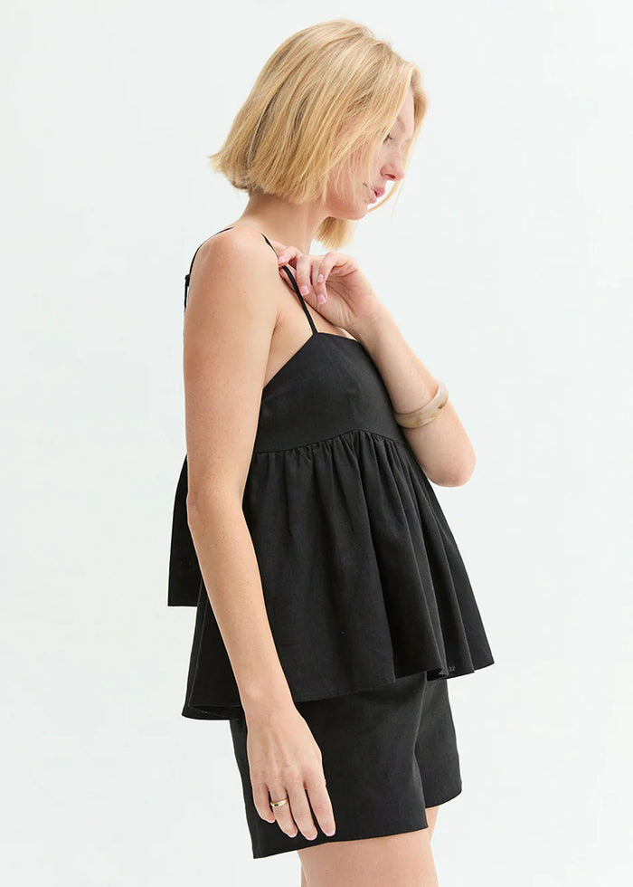 Isla Linen Tie Babydoll Top - Black