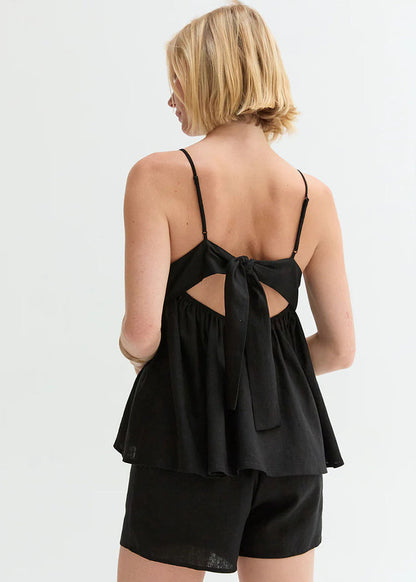 Isla Linen Tie Babydoll Top - Black