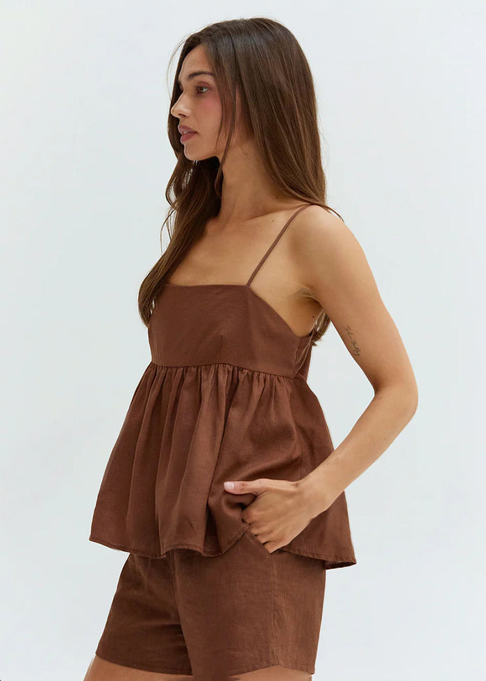 Isla Linen Tie Babydoll Top - Brown
