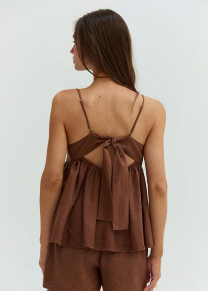 Isla Linen Tie Babydoll Top - Brown