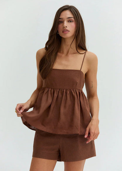 Isla Linen Tie Babydoll Top - Brown