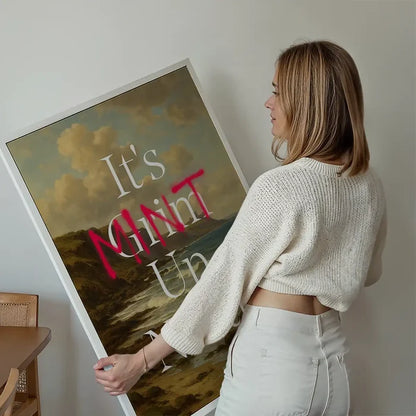 It's Mint Up North Typography Poster held up against a living room wall