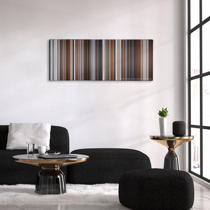 Joy color palette canvas above a black sofa with a gold-topped table