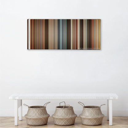Juno color palette canvas above a white bench with three woven baskets