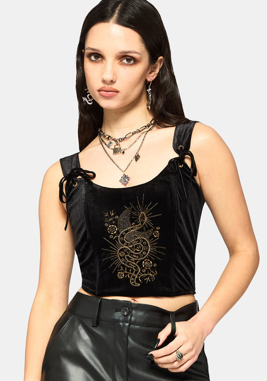 Kobra Velour Embroidered Tie Strap Corset Top