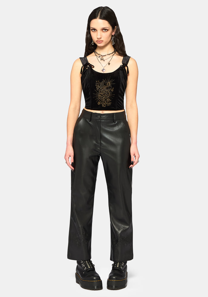 Kobra Velour Embroidered Tie Strap Corset Top