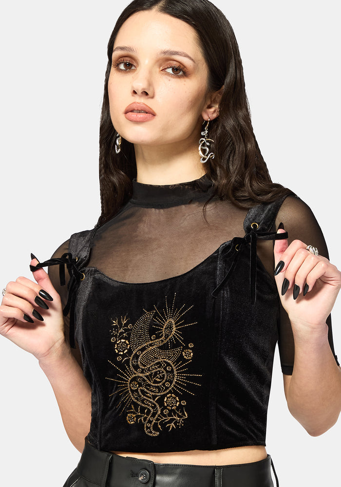 Kobra Velour Embroidered Tie Strap Corset Top