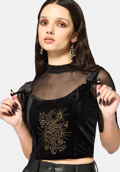 Kobra Velour Embroidered Tie Strap Corset Top