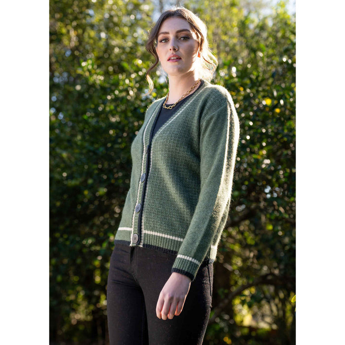 Koru - Merino and Possum Contrast Textured Cardigan (KO561) Moss
