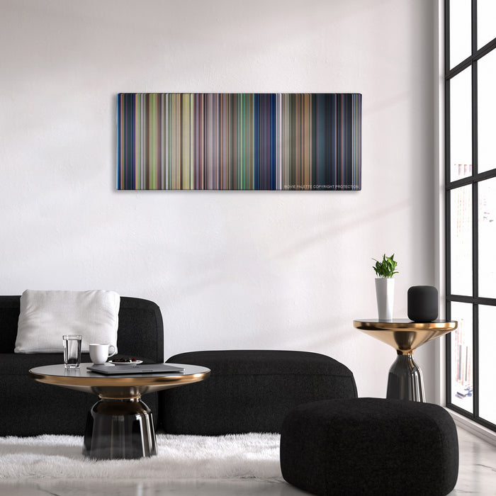 Lady and the Tramp color palette canvas above a black sofa with a gold-topped table