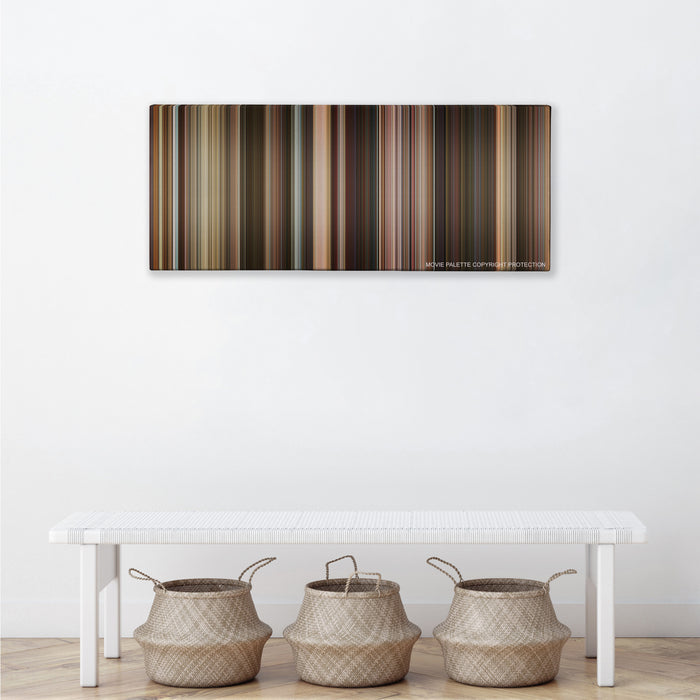 Last Vegas color palette canvas above a white bench with three woven baskets