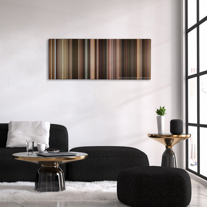 Last Vegas color palette canvas above a black sofa with a gold-topped table