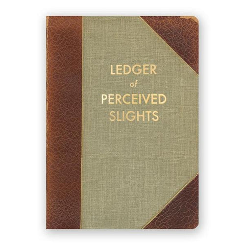 By The Mincing Mockingbird & The Frantic Meerkat. Ledger of Perceived Slights Journal. 120 ruled pages of 120 gsm creamy off-white paper that takes ink beautifully. Stylish gold foil stamped cover. Binding lies flat when open. Measures 5 x 7 inches —perfect size for a purse or for traveling. Also available in store at FOLD Gallery DTLA.