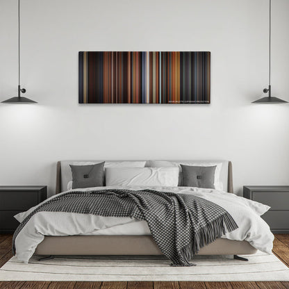 Little Women color palette canvas above a bed, between two black pendant lamps