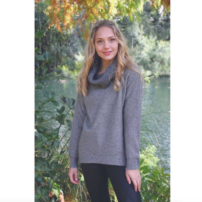 Lothlorian Merino - Possum Curved Hem Cowl Neck Jumper (9843)Silver