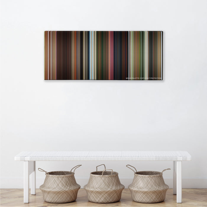 Madagascar color palette canvas above a white bench with three woven baskets