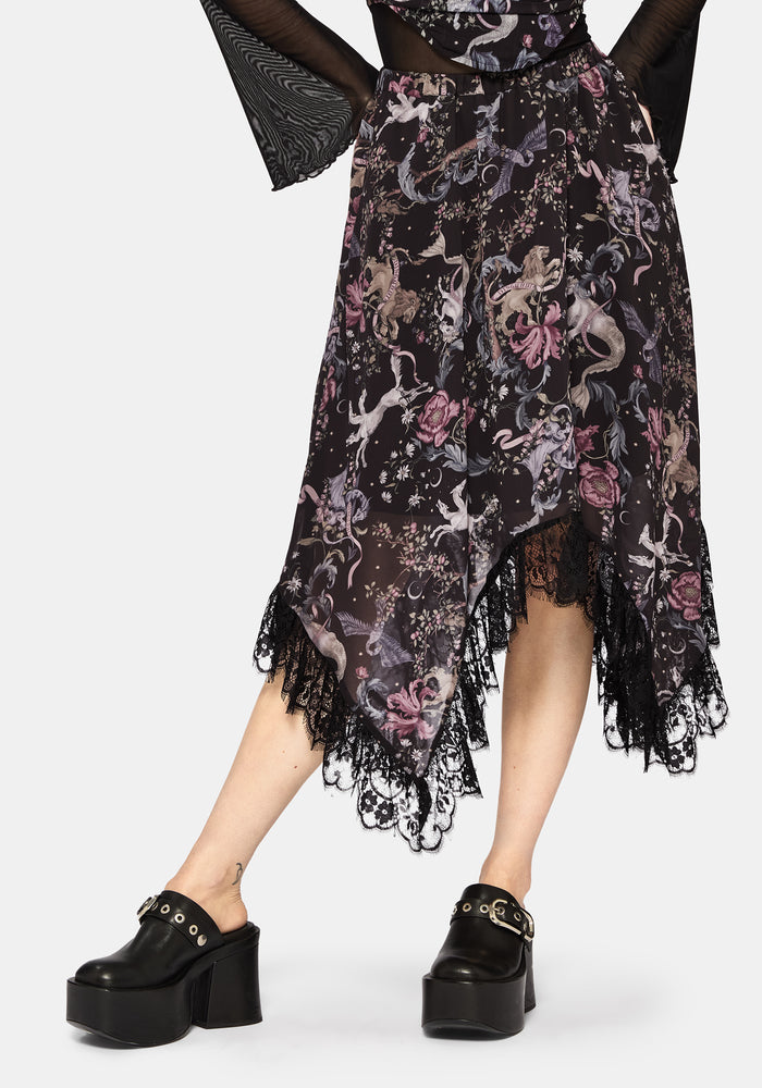 Merunicorn Enchanted Forest Chiffon Print Midi Skirt