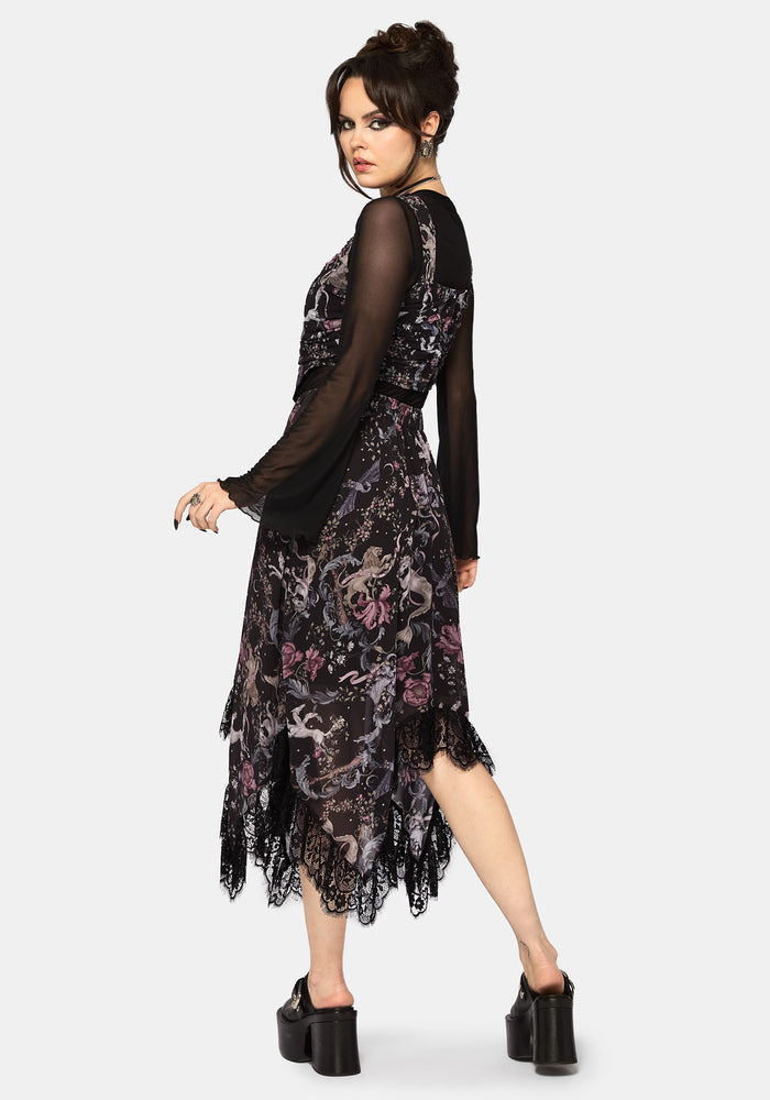 Merunicorn Enchanted Forest Chiffon Print Midi Skirt