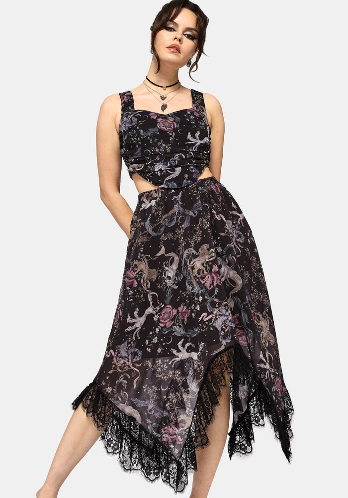 Merunicorn Enchanted Forest Chiffon Print Midi Skirt