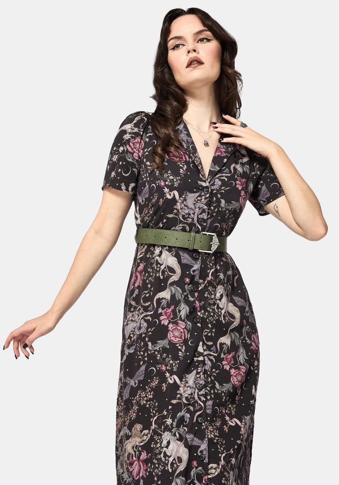 Merunicorn Enchanted Forest Print Midi Shirt Dress