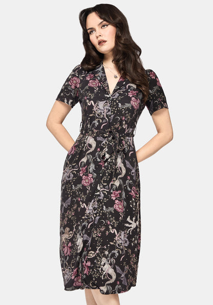 Merunicorn Enchanted Forest Print Midi Shirt Dress