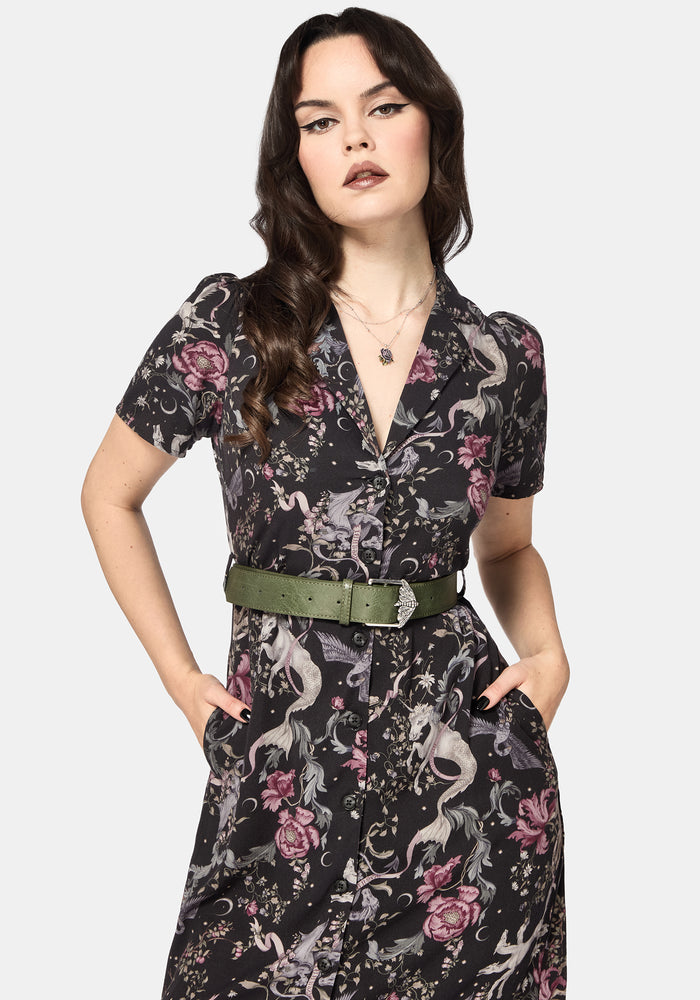 Merunicorn Enchanted Forest Print Midi Shirt Dress