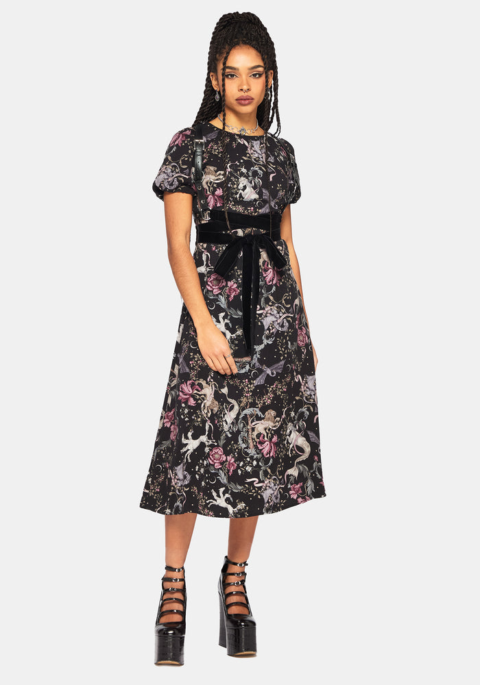 Merunicorn Enchanted Forest Print Puff Sleeve Midi Dress