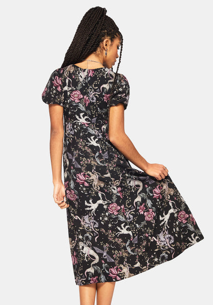 Merunicorn Enchanted Forest Print Puff Sleeve Midi Dress