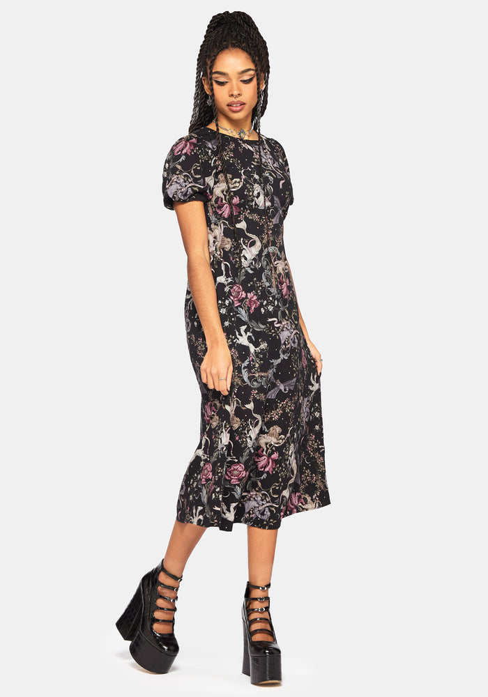 Merunicorn Enchanted Forest Print Puff Sleeve Midi Dress