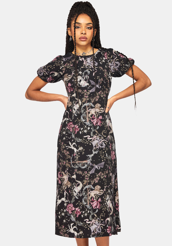 Merunicorn Enchanted Forest Print Puff Sleeve Midi Dress