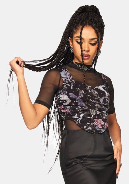 Merunicorn Enchanted Forest Print Ruched Corset Top