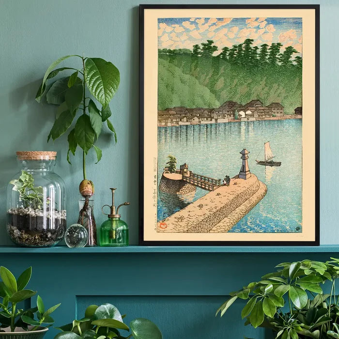 Mihogaseki Beach, Izumo Province Print by Hasui Kawase, Japanese woodblock print black framed on a living room shelf