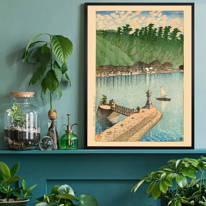 Mihogaseki Beach, Izumo Province Print by Hasui Kawase, Japanese woodblock print black framed on a living room shelf