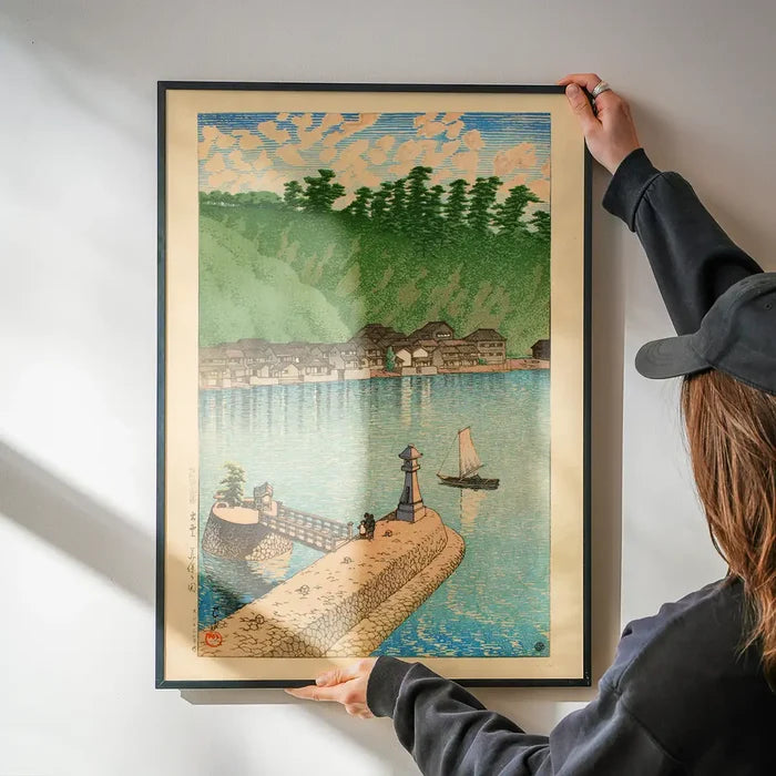 Mihogaseki Beach, Izumo Province Print by Hasui Kawase being hung on a wall in a black frame