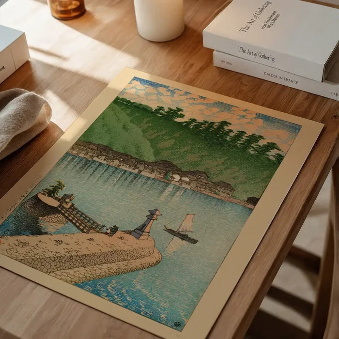 Mihogaseki Beach, Izumo Province Print by Hasui Kawase, Japanese woodblock print unframed on a home office desk