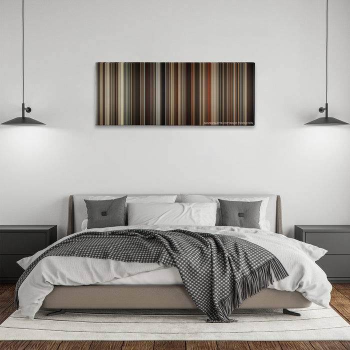 Milk color palette canvas above a bed, between two black pendant lamps