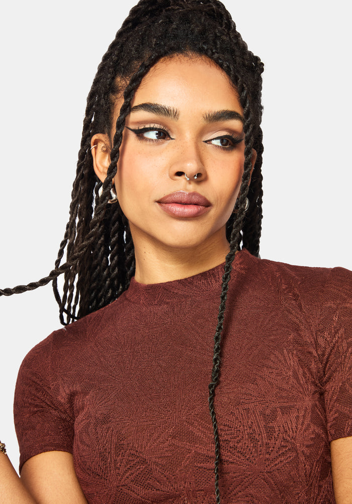 Moiren Brown Knit Short Sleeved Crop Top