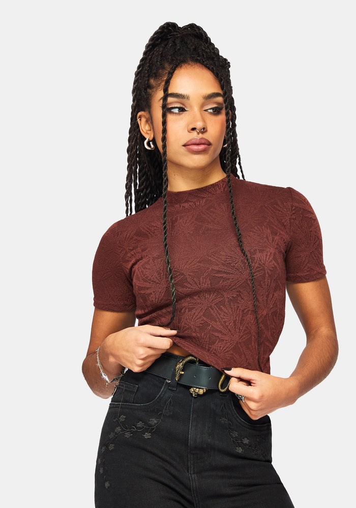 Moiren Brown Knit Short Sleeved Crop Top