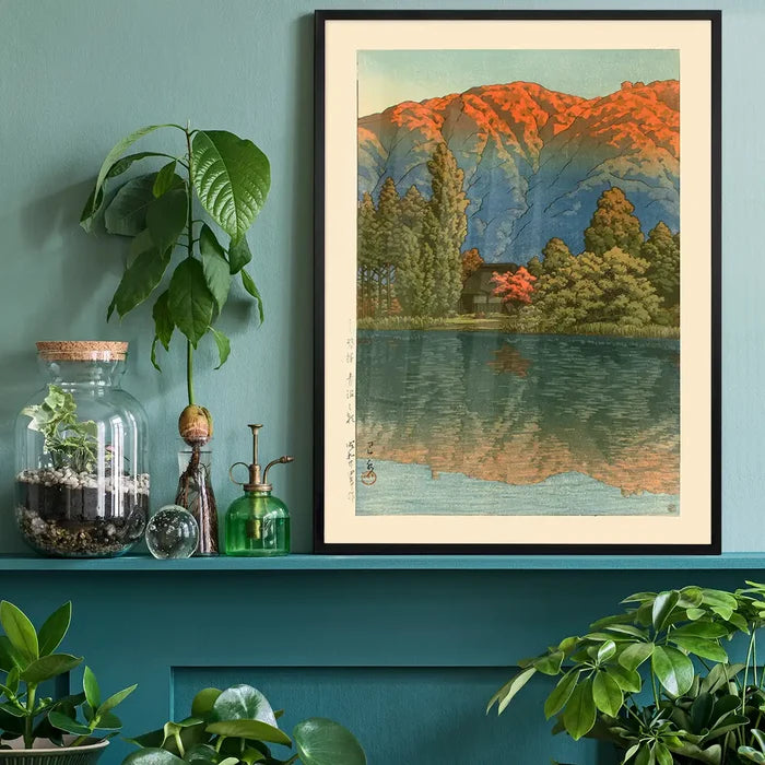 Morning at Ao Marsh, Ura Heights Print by Hasui Kawase, Japanese woodblock print black framed on a living room shelf