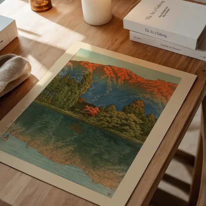 Morning at Ao Marsh, Ura Heights Print by Hasui Kawase, Japanese woodblock print unframed on a home office desk