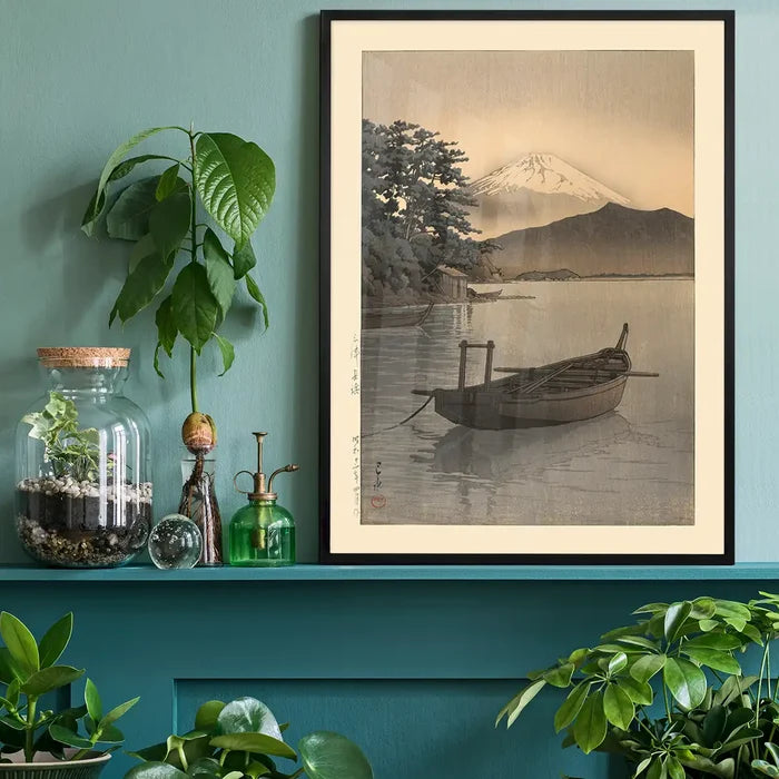 Nagahama Beach in Mito Print by Hasui Kawase, Japanese woodblock print black framed on a living room shelf