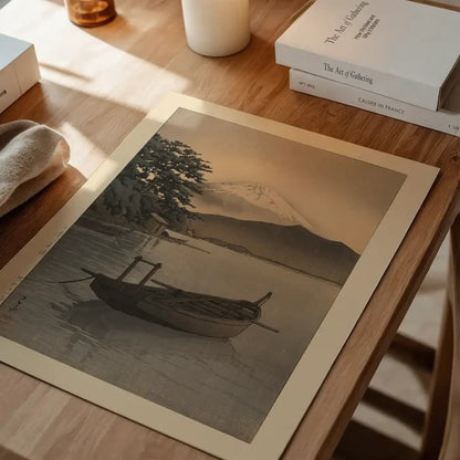 Nagahama Beach in Mito Print by Hasui Kawase, Japanese woodblock print unframed on a home office desk