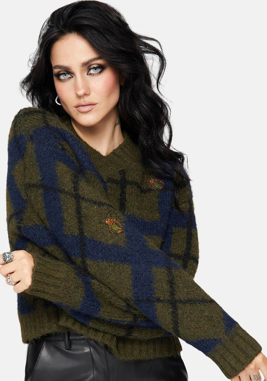 Nelly Spliced Check Bug Jacquard Cropped Knit Jumper
