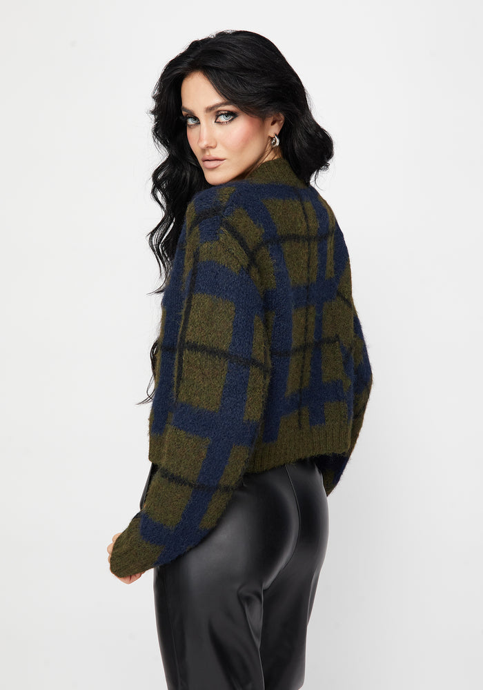 Nelly Spliced Check Bug Jacquard Cropped Knit Jumper