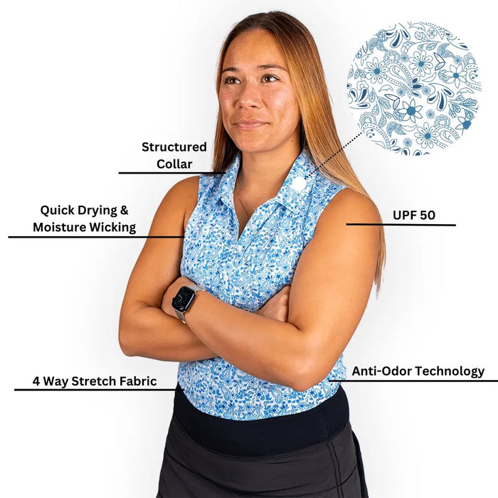 New 2Putt Women's Blue Paisley Sleeveless Golf Polo