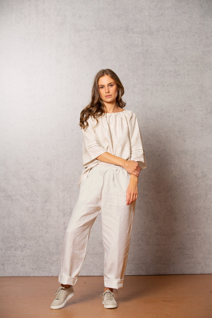 Linen Gathered Boat Neck Top (NWL3000)